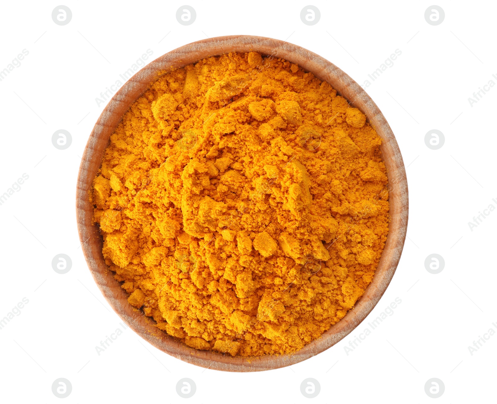 Photo of Bowl with turmeric powder on white background, top view. Different spices