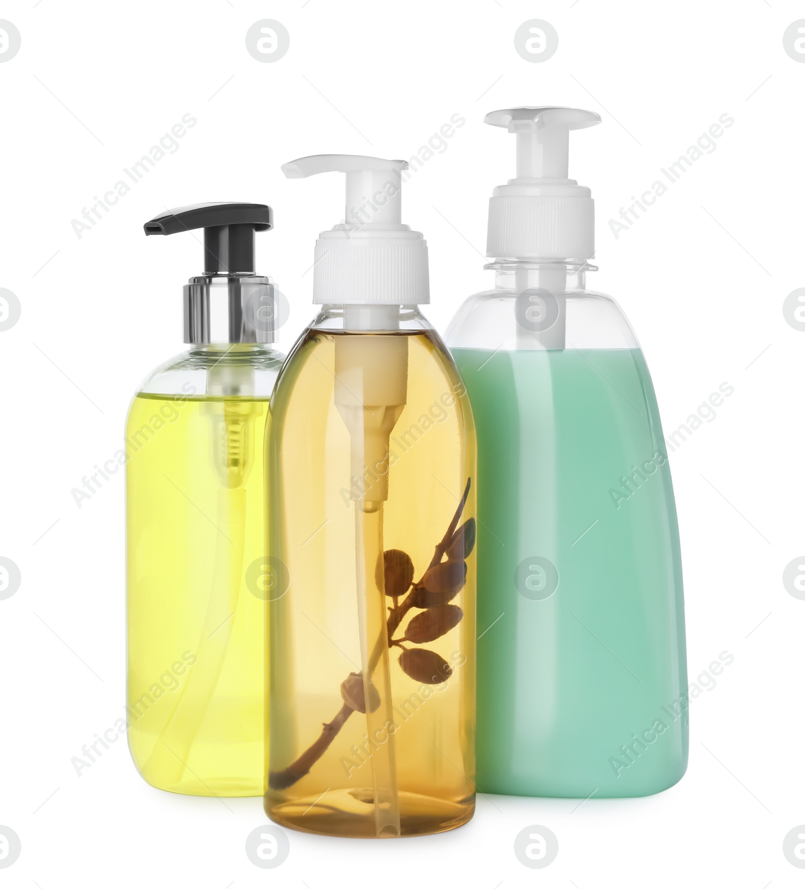 Photo of Dispensers of liquid soap on white background