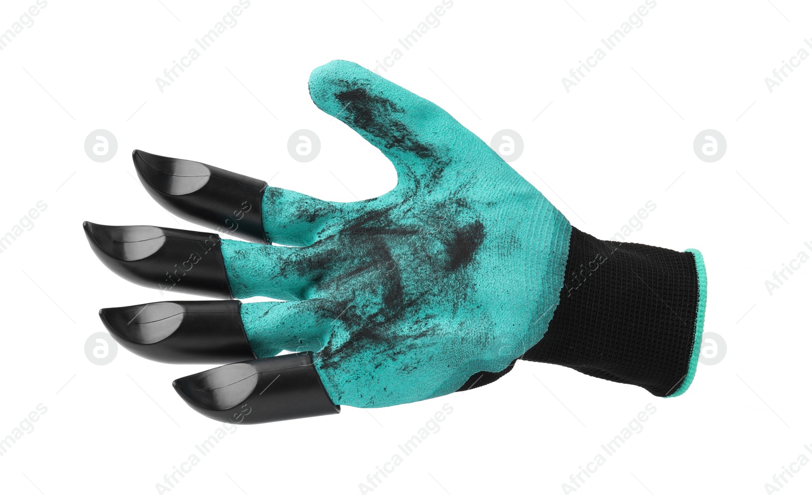 Image of One dirty gardening glove with claws isolated on white