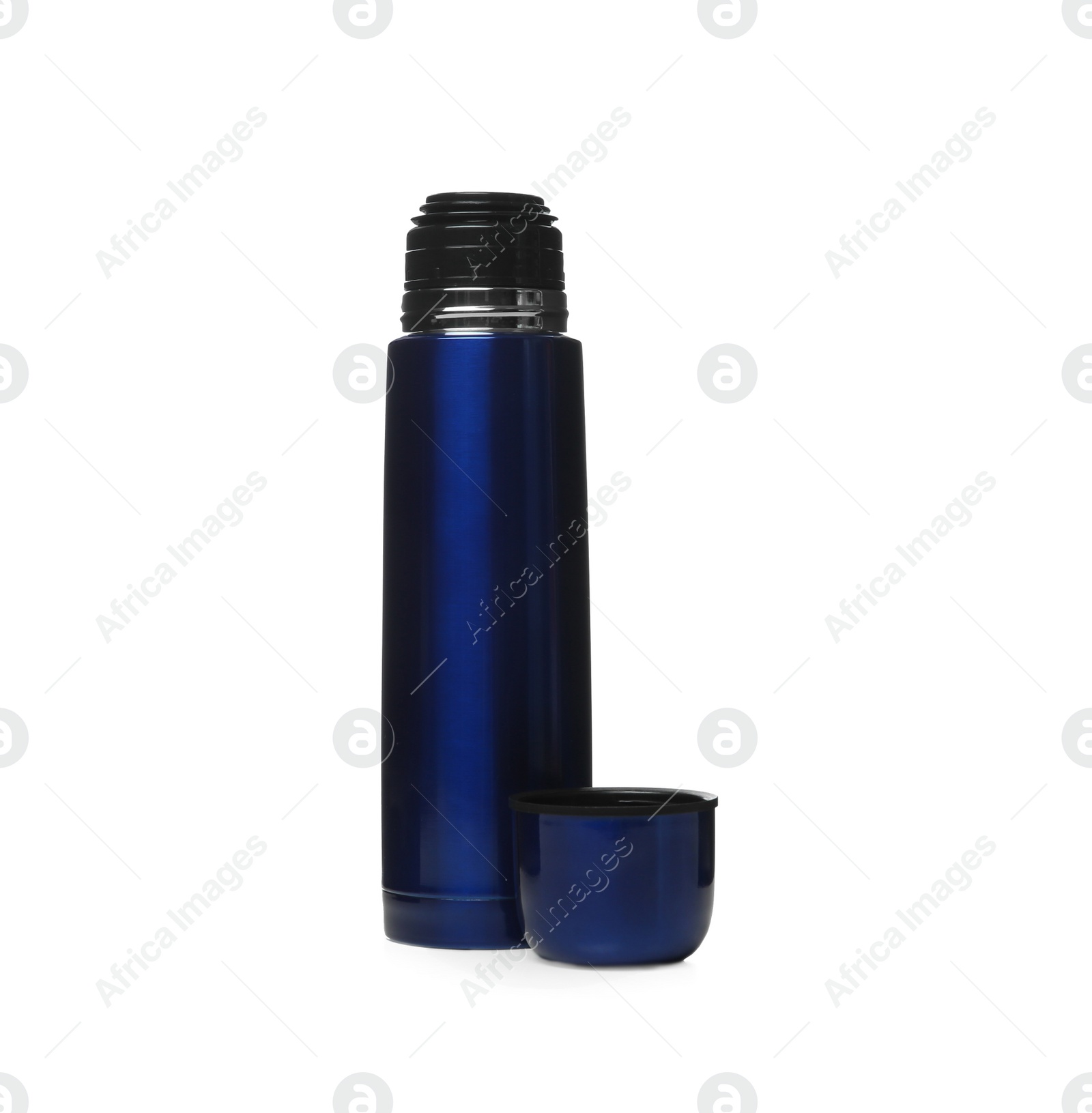 Photo of Modern blue thermos and cup isolated on white