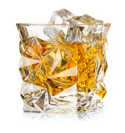 Photo of Whiskey and ice cubes in glass isolated on white