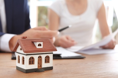 Photo of House model and real estate agent working with client in office, closeup