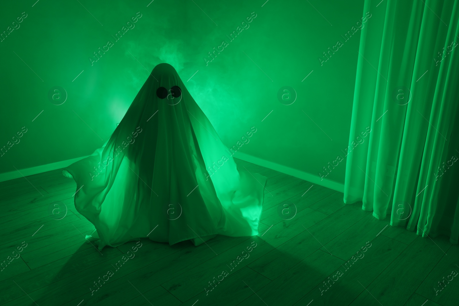 Photo of Creepy ghost. Woman covered with sheet in green light, space for text