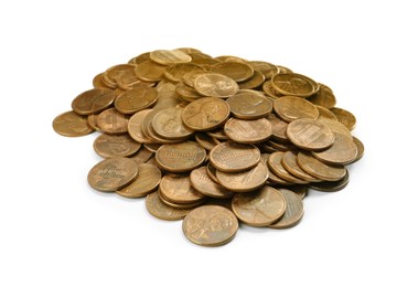Pile of American coins on white background