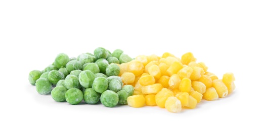 Photo of Mix of frozen vegetables on white background