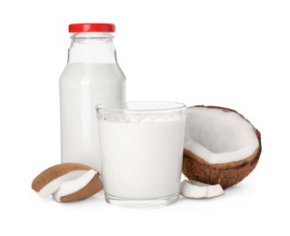 Photo of Delicious vegan milk and coconut pieces on white background