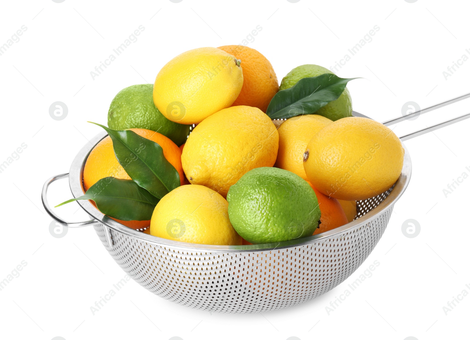 Photo of Metal colander with citrus fruits isolated on white