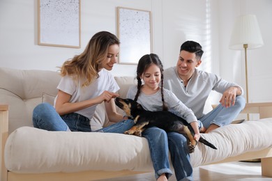 Photo of Happy family playing with puppy on sofa in living room