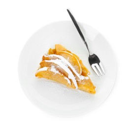 Photo of Plate with piece of tasty homemade quince pie, powdered sugar and fork isolated on white, top view