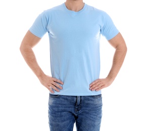 Young man on white background, closeup. Weight loss