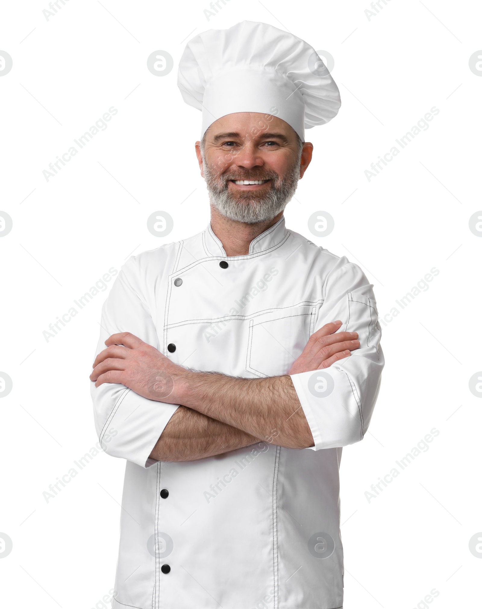 Photo of Happy chef in uniform on white background