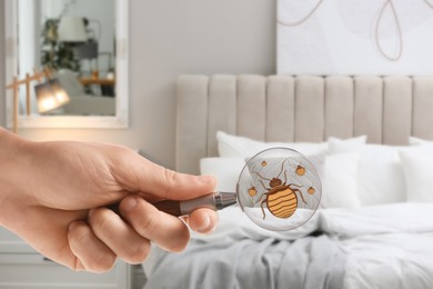 Image of Woman with magnifying glass detecting bed bugs in bedroom, closeup