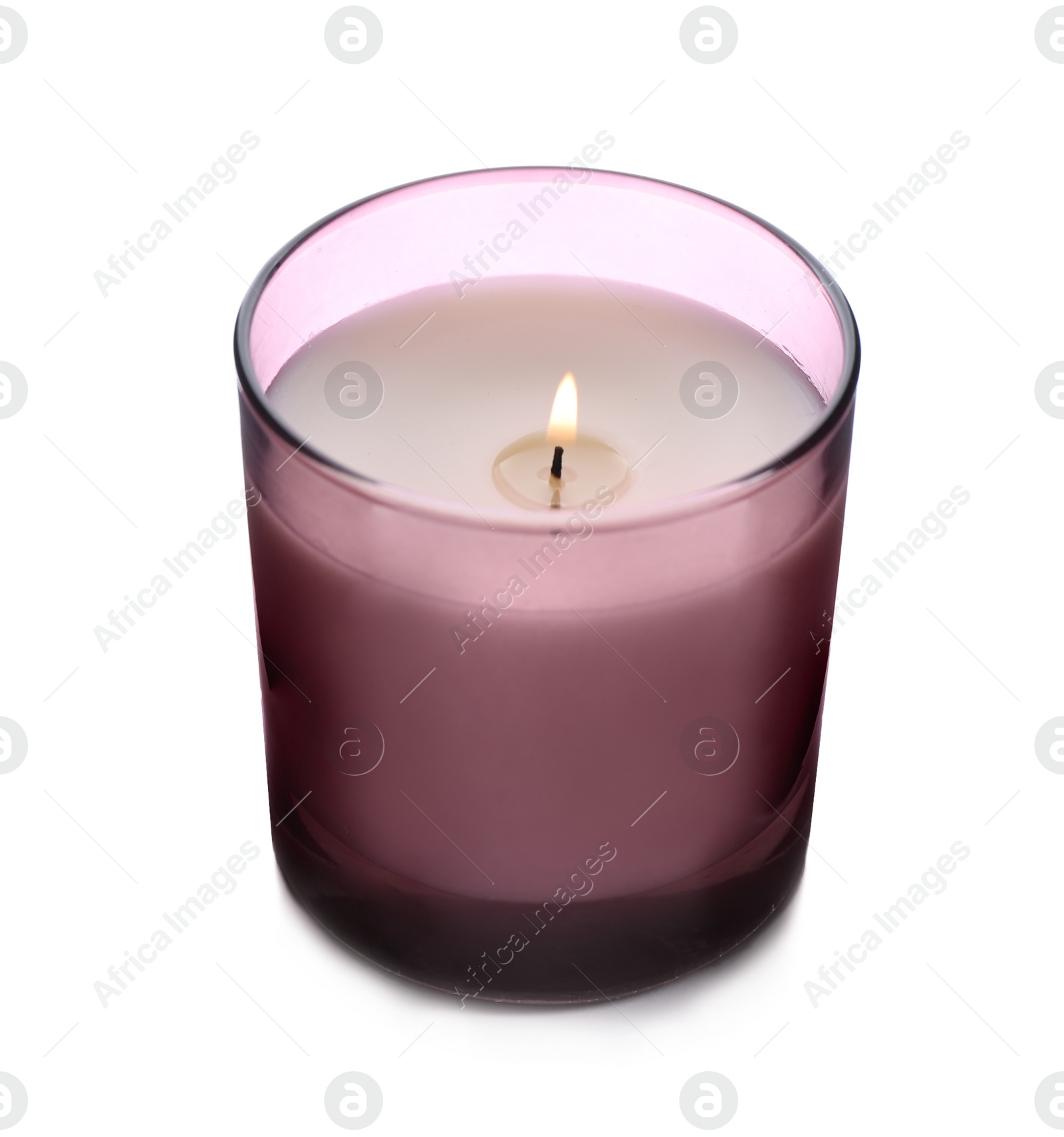 Photo of Burning wax candle in holder isolated on white
