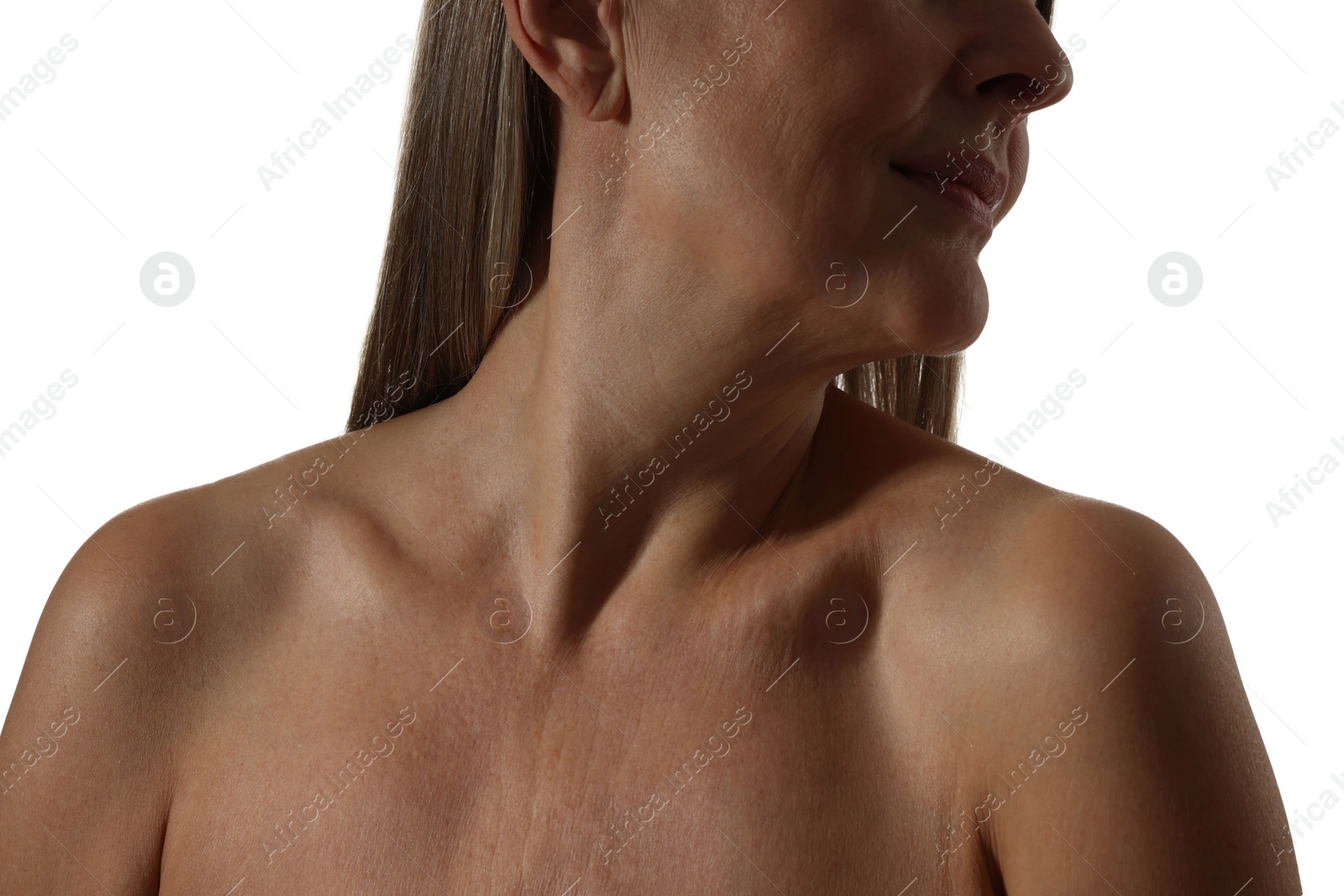 Photo of Mature woman with healthy skin on white background, closeup