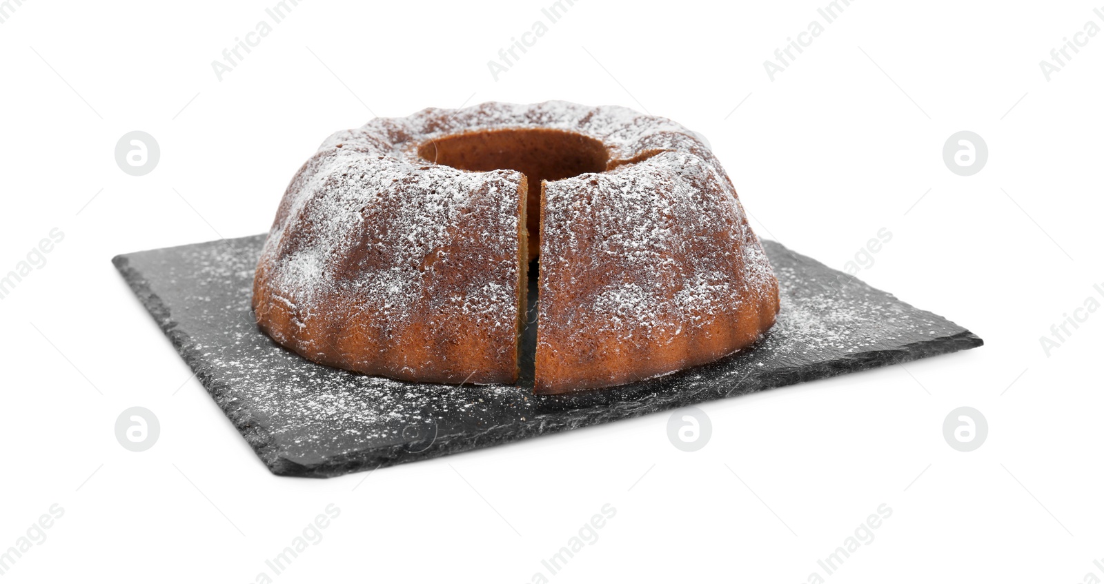 Photo of Homemade yogurt cake with powdered sugar on white background