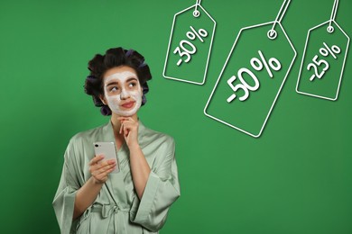 Image of Young woman and tags with discounts on green background. Special promotion