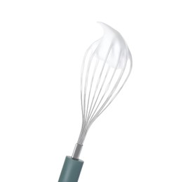 Photo of Whisk with whipped cream isolated on white