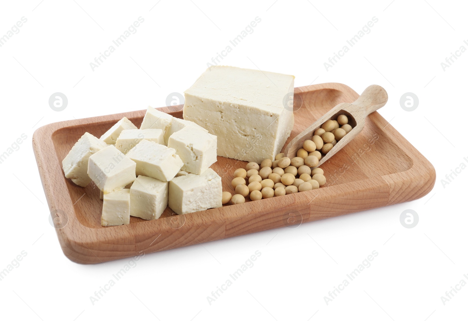 Photo of Pieces of delicious tofu and soy on white background