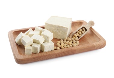 Photo of Pieces of delicious tofu and soy on white background