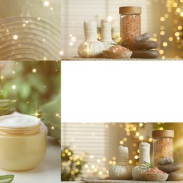 Image of Spa treatment. Collage with skin care products and supplies, space for text
