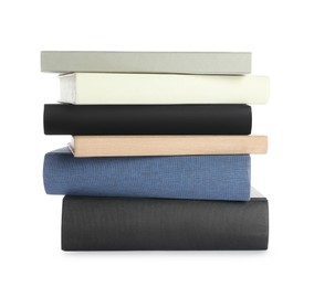 Stack of different books on white background