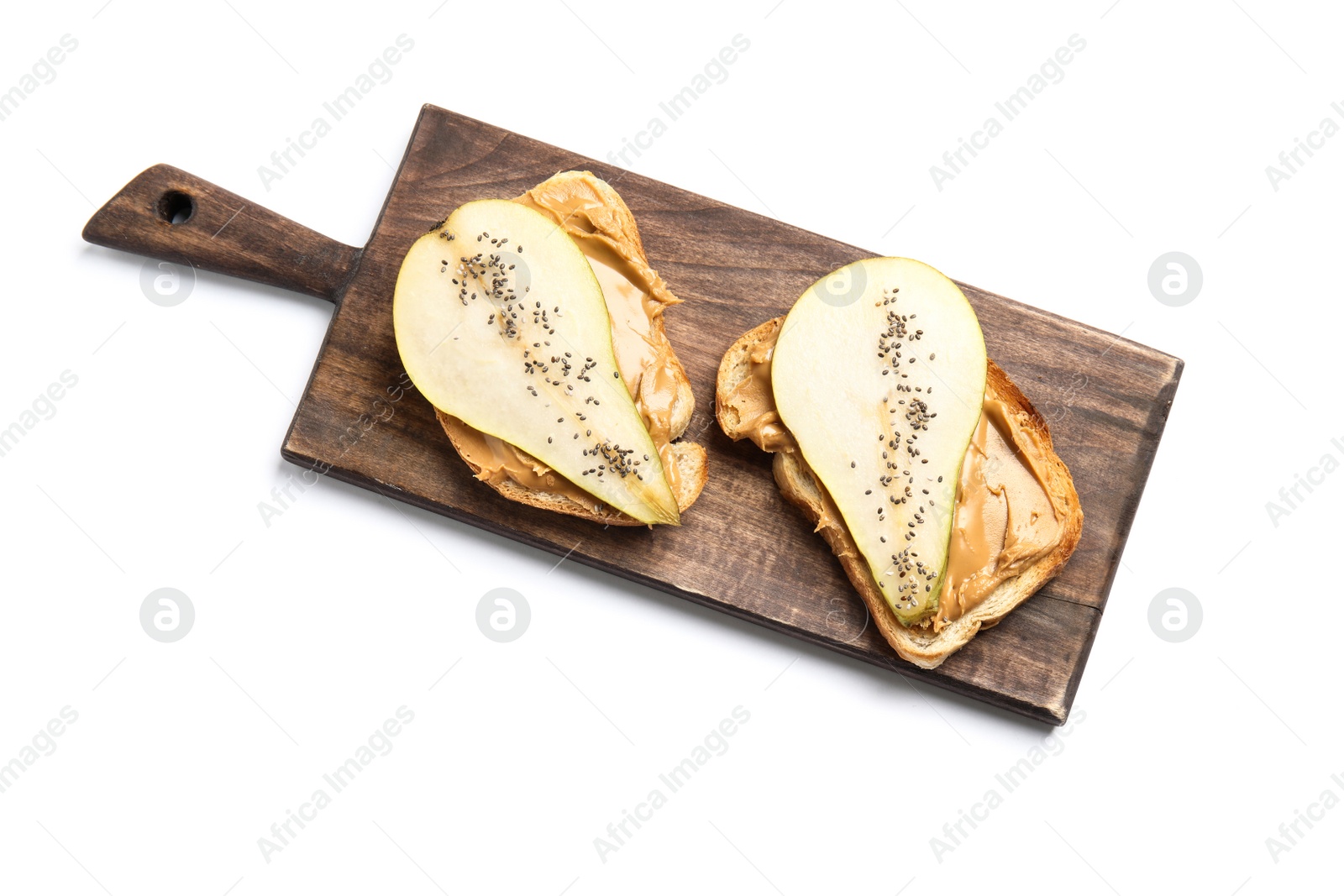 Photo of Top view of toasts with pear slices, peanut butter and chia seeds on wooden board, white background