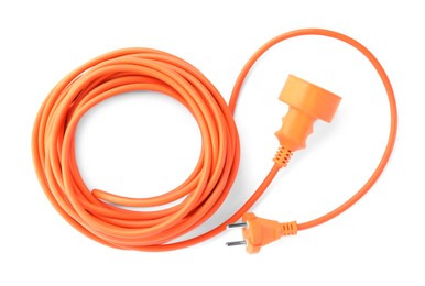 Photo of Extension cord on white background, top view. Electrician's equipment
