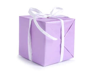 Photo of Beautiful gift box with ribbon on white background