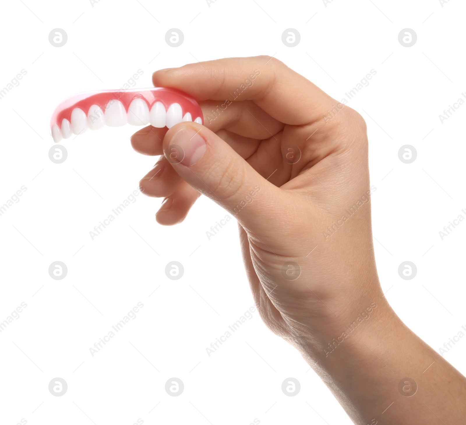 Photo of Woman holding teeth cover on white background