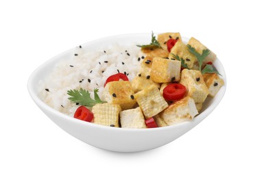 Photo of Bowl of rice with fried tofu, chili pepper and parsley isolated on white