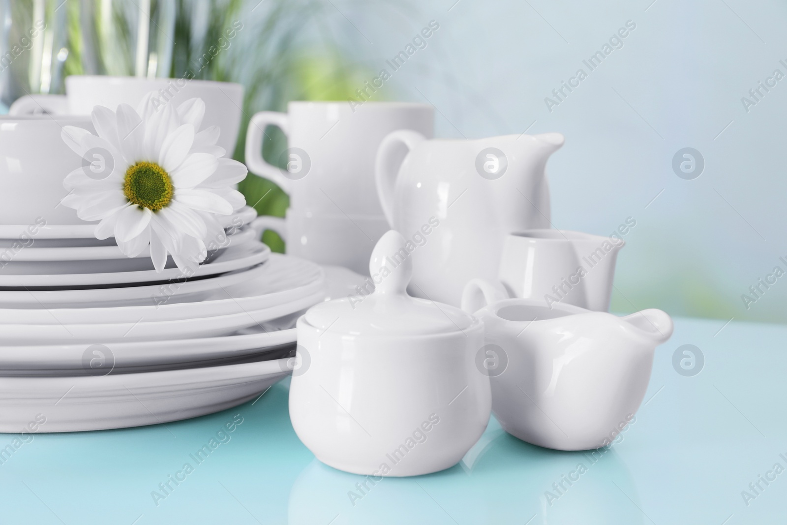 Photo of Set of clean dishware and flower on light blue table, closeup