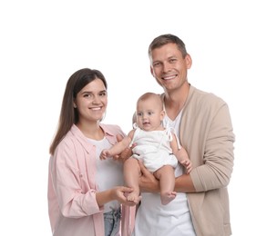 Portrait of happy family with their cute baby on white background