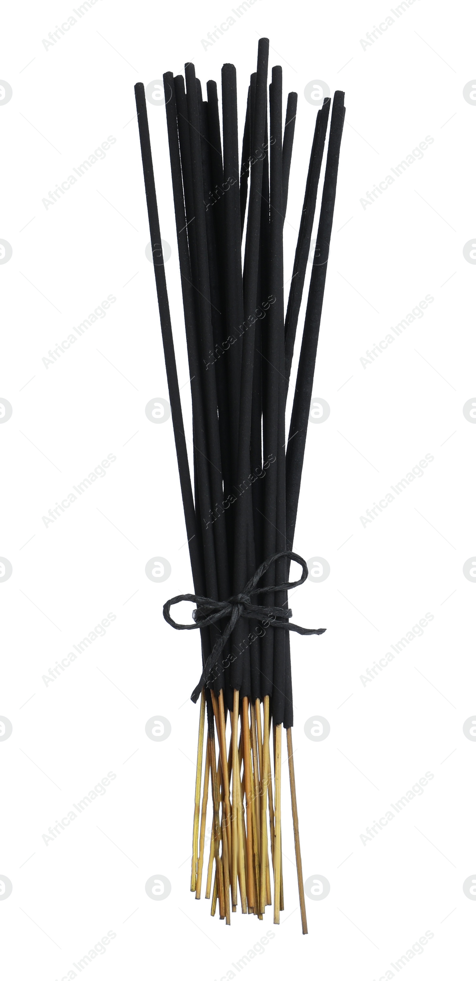 Photo of Many aromatic incense sticks tied with twine on white background