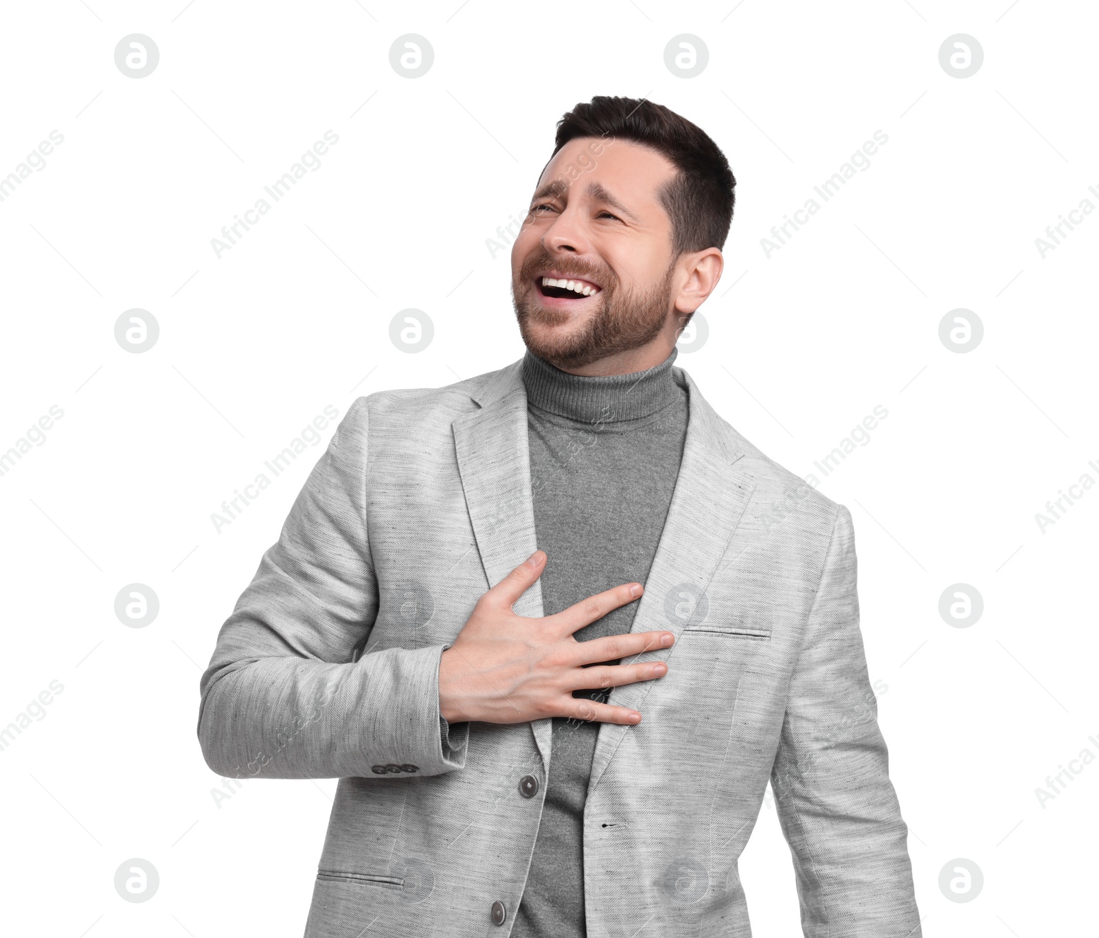 Photo of Handsome bearded businessman in suit on white background