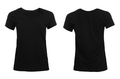 Image of Stylish black t-shirt on white background, front and back views. Space for design