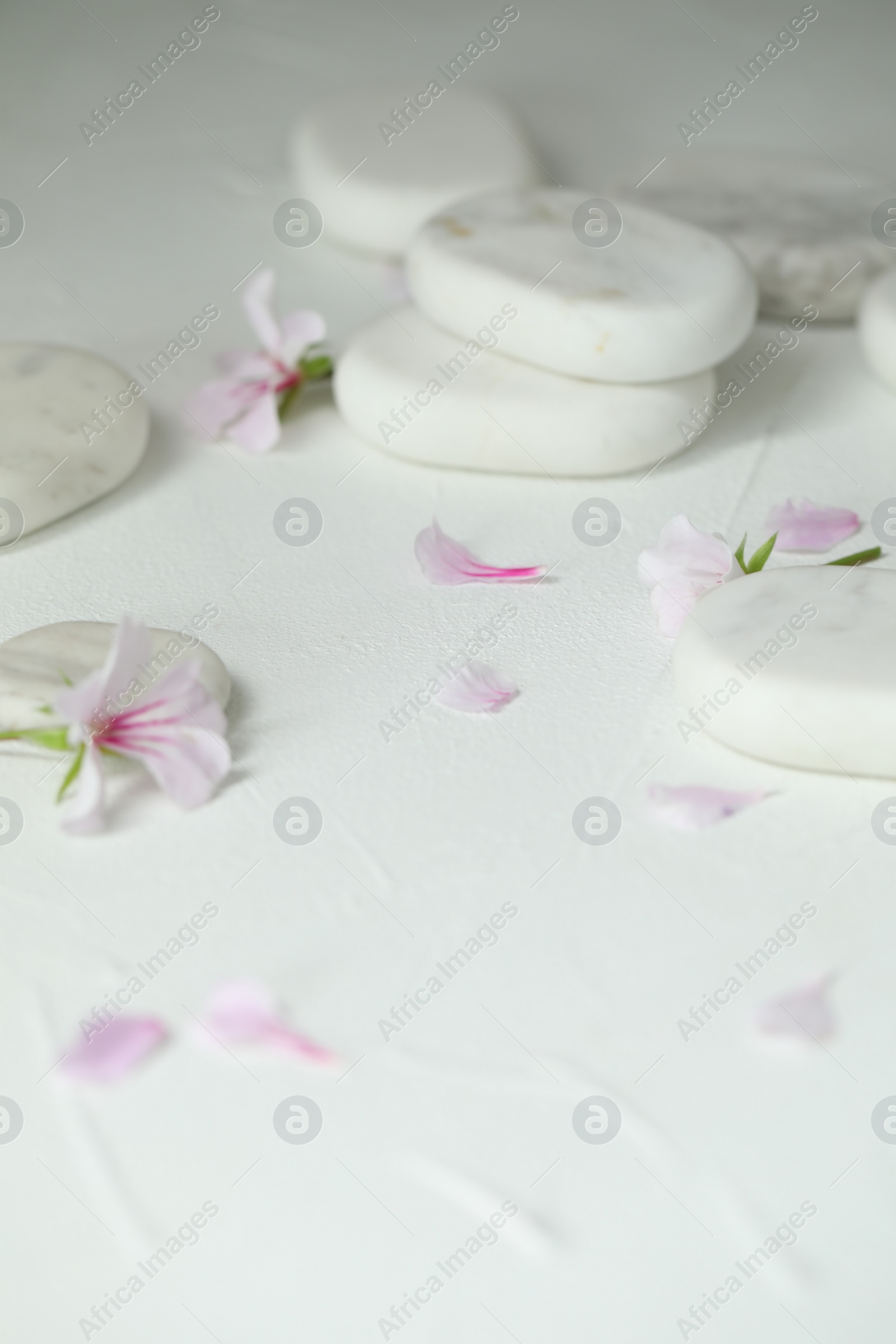 Photo of Spa stones and fresia flower on white table