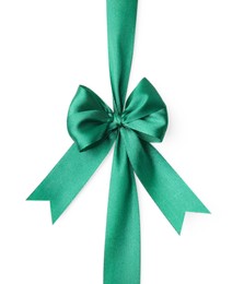 Photo of Green satin ribbon with bow isolated on white, top view