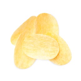 Heap of delicious potato chips on white background, top view