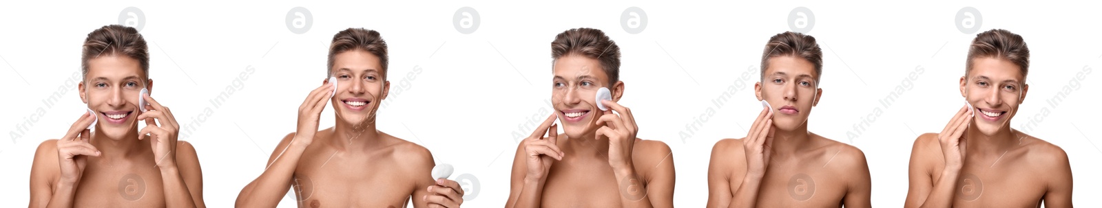 Image of Man cleaning his face with cotton pads on white background, set of photos