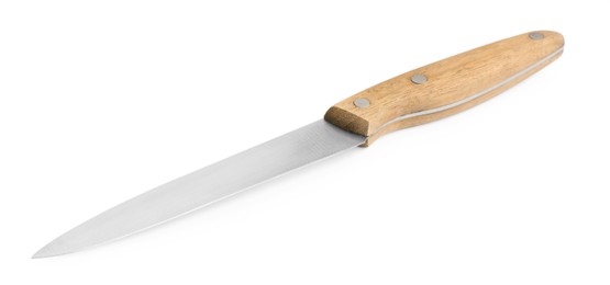 Photo of One sharp knife with wooden handle isolated on white