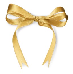 Photo of Beautiful golden ribbon tied in bow isolated on white, top view