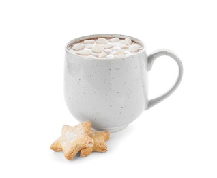 Photo of Delicious cocoa drink with marshmallows in cup and cookies on white background