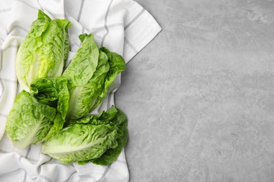 Photo of Fresh green romaine lettuces on grey table, flat lay. Space for text