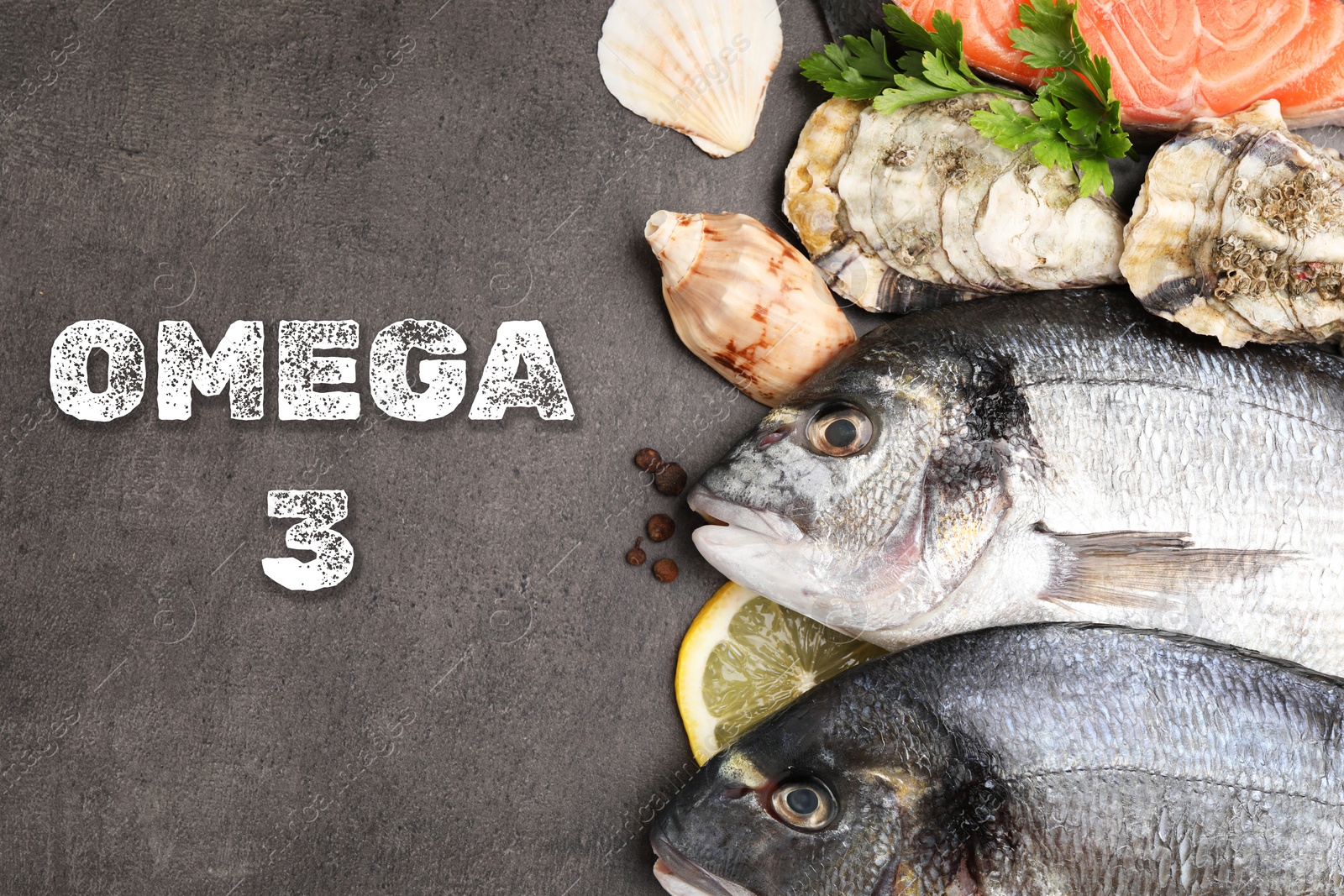Image of Fresh seafood rich in Omega 3 oils and spices on grey table, flat lay