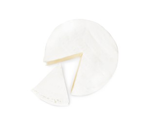 Photo of Tasty cut brie cheese on white background, top view