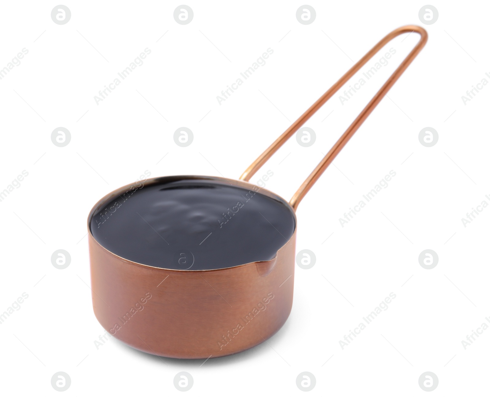 Photo of Metal small saucepan with balsamic glaze on white background