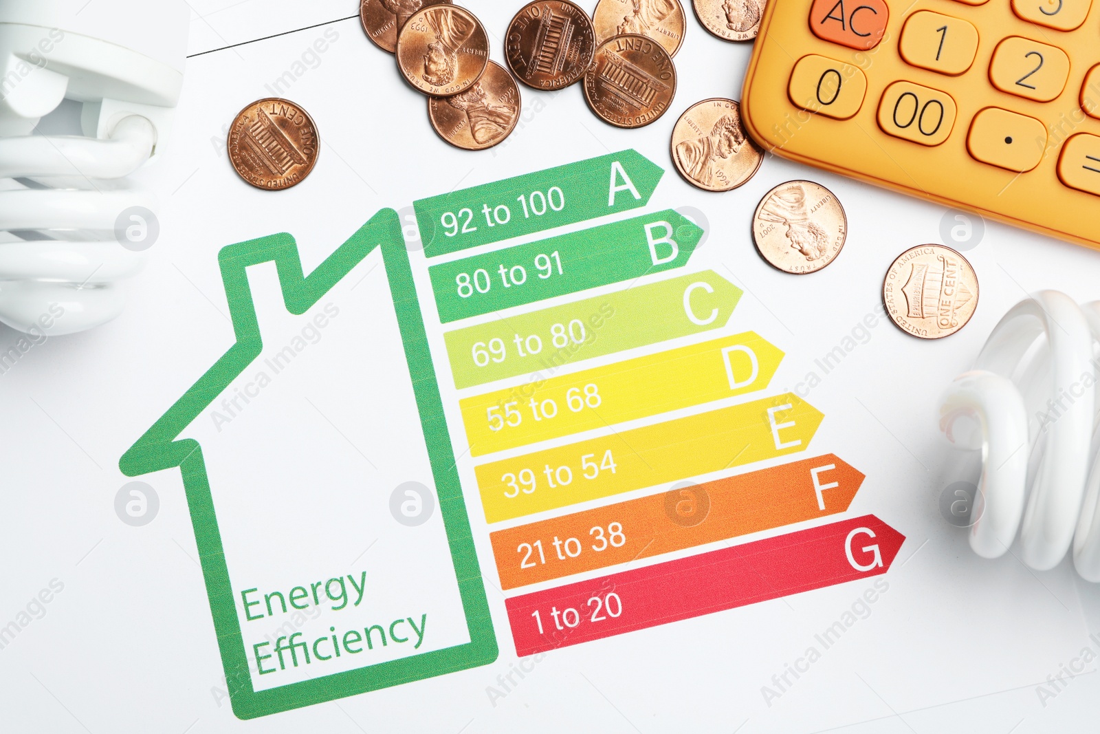 Photo of Flat lay composition with energy efficiency rating chart and calculator on white background