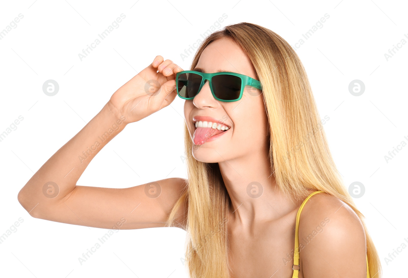 Photo of Beautiful woman in stylish sunglasses on white background