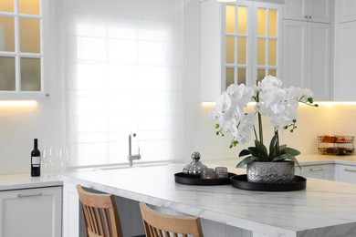 Photo of Beautiful orchid flowers on white marble table in kitchen. Luxury interior
