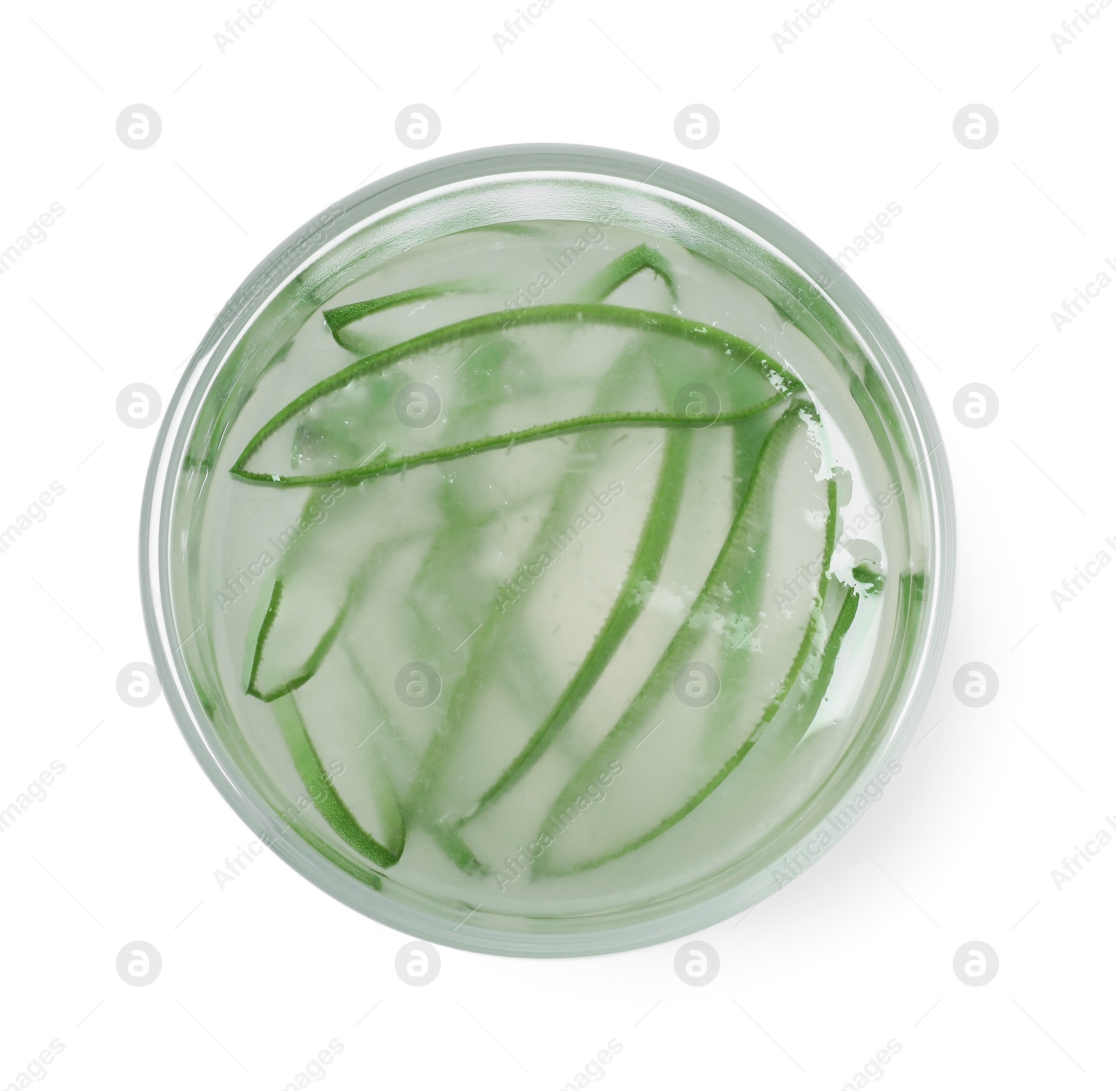 Photo of Tasty aloe juice and cut fresh leaves in glass isolated on white, top view